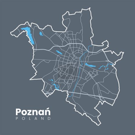 Téléchargez les illustrations : Plan d'Urban Poznan. Carte des frontières de Poznan, Pologne. Affiche de la ville avec rues et rivière Warta. Version course légère sur fond sombre. - en licence libre de droit