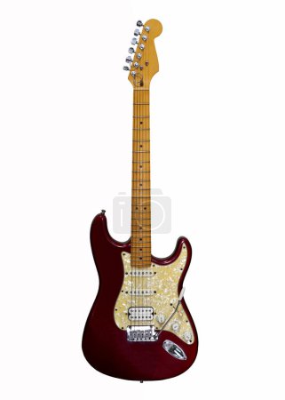 The electric guitar with tremolo arm isolated on white background, two singing single-coil neck, middle pickups with a full-voiced humbucking bridge