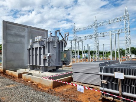 Photo for Construction of Substation, 115kV-22kV Power transformer Installation, Main Tank, radiators - Royalty Free Image