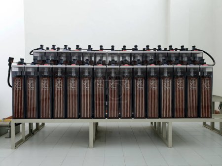 Photo for Substation Lead-acid batteries installation, for the backup supply of a DC auxiliary system in a substation - Royalty Free Image