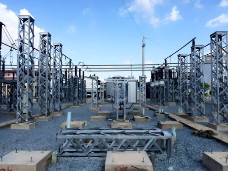 Photo for The Steel stands and footing of 115 kV Hybrid Switchgear in the switchyard before the three-phase Hybrid switchgear unit for installation - Royalty Free Image