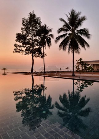 The beautiful before sunrise in the early morning with a beach umbrella, coconut palm tree, and another tree by reflection on the swimming pool of the beach resort