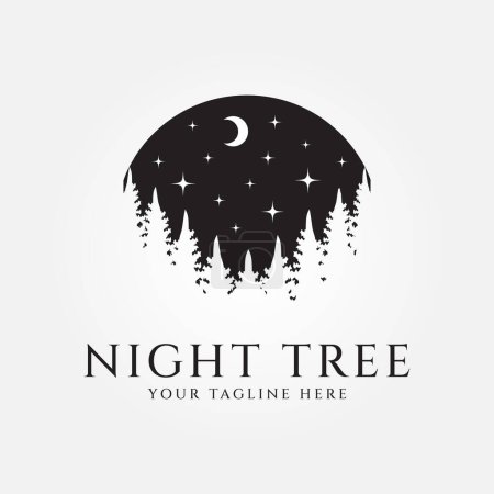 Téléchargez les illustrations : Design de logo arbre de nuit dans la forêt d'hiver. Illustration vectorielle silhouette Nouvel An - en licence libre de droit