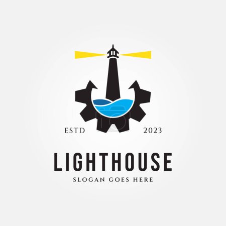 Ilustración de Faro con engranaje y vector océano icono barco pirata logotipo casco náutico símbolo marítimo ilustración - Imagen libre de derechos