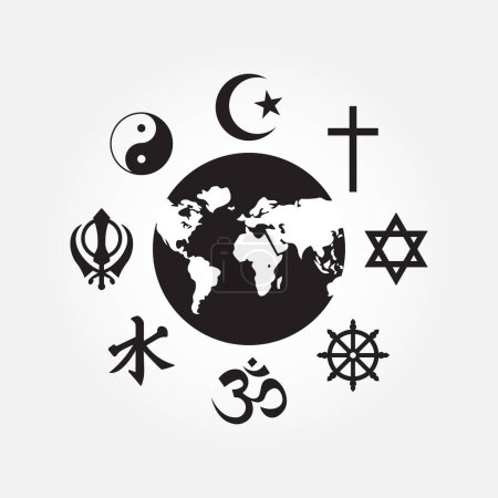 Weltreligiöses Symbol. Religionen Islam, Buddhismus, Taoismus, Judentum, Christentum und sikh Vektorillustration
