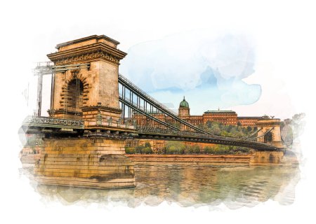 Foto de El Puente de las Cadenas en Budapest, Hungría, es una estructura histórica e icónica que atraviesa el majestuoso río Danubio, conectando los lados de Buda y Pest de la ciudad. Este elegante puente colgante, terminado en 1849, fue una hazaña innovadora de ingeniería o - Imagen libre de derechos