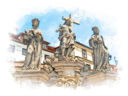 Foto de La "Estatua de San Salvador con los Santos Cosmas y Damián" es una escultura prominente ubicada en el histórico Puente de Carlos en Praga, República Checa. Esta magnífica estatua representa a San Salvador sosteniendo un crucifijo y de pie entre los santos gemelos, Co - Imagen libre de derechos