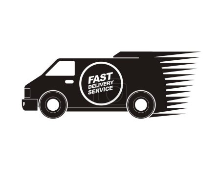 Téléchargez les illustrations : Service de livraison rapide en camionnette. Illustration simple en noir et blanc. - en licence libre de droit