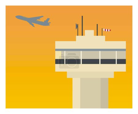 Téléchargez les illustrations : Contrôle de la circulation aérienne et avion dans l'après-midi. Illustration plate simple. - en licence libre de droit
