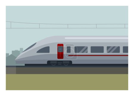 Ilustración de Tren de alta velocidad con fondo de silueta del edificio de la ciudad. Ilustración plana simple. - Imagen libre de derechos