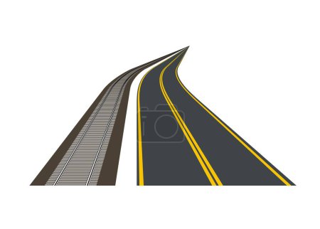Girando ferrocarril y carretera de asfalto en perspectiva. Ilustración plana simple.