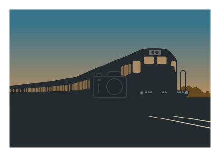 Illustration for Passenger train with short hood locomotive and trees silhouette background, perspective view - Royalty Free Image