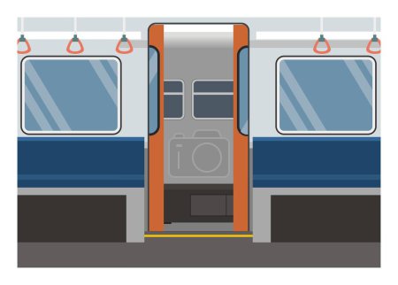 Tren de cercanías vacío con puerta abierta. Ilustración plana simple