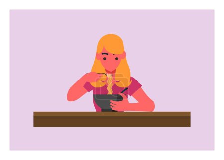 Una chica comiendo fideos. Ilustración plana simple.