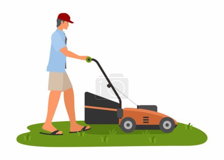 Mann schiebt Rasenmähermaschine. Einfache flache Illustration