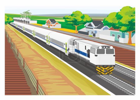 Tren de pasajeros pasando villlage y campo. Ilustración plana simple en perspectiva.