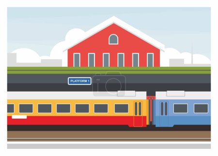 Der Personenzug hält am Bahnhof. Einfache flache Illustration.