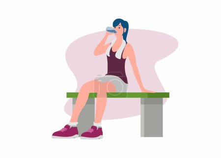 Young woman drinking after workout. Simple flat illustration