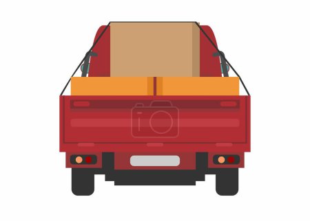 Pick up car carrrying goods. Rear view. Simple flat illustration.