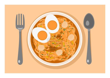 Fideos de sopa caliente en un tazón con huevo y cobertura de salchicha. Ilustración plana simple.