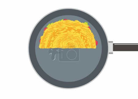 Omelette demi-pliée sur une poêle. Illustration plate simple.
