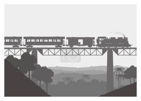 Tren de pasajeros transportado por locomotora de vapor que pasa puente alto. Ilustración simple en estilo de silueta.