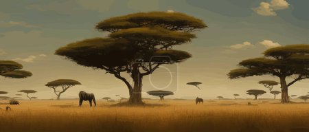 Illustration pour Paysage de savane africaine avec caviar sauvage de jeunes cerfs, nature de l'Afrique, dessin animé. Illustration vectorielle d'arbres verts, de pierres et de prairies simples sous le ciel. Vue panoramique du Kenya - image libre de droit
