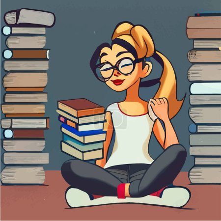 Illustrazione per Giovane bella donna seduta con le gambe incrociate e una serie di libri con lettura, concetto di educazione illustrazione vettoriale - Immagini Royalty Free
