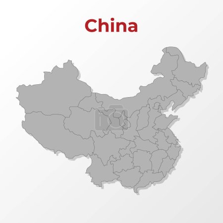 A modern map of China with a division into regions, on a gray background with a red title. Vector illustration