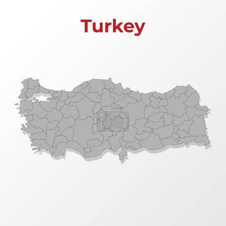A modern map of Turkey with a division into regions, on a gray background with a red title. Vector illustration