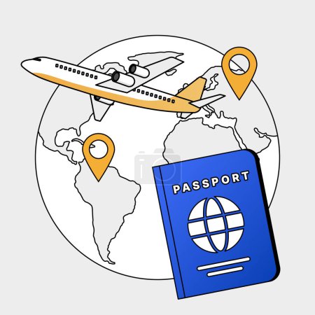 Illustration for Airplane Travel with Passport and World Map - Royalty Free Image