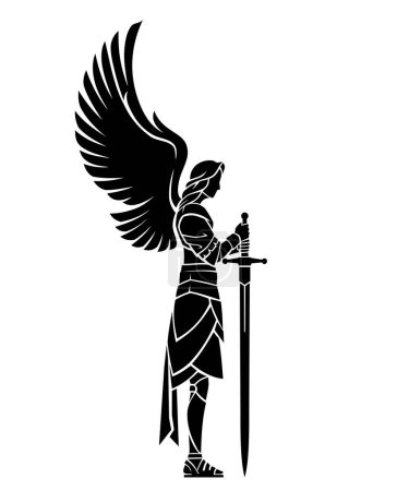 Illustration for Angel Warrior Stance with Long Sword, Side View Silhouette - Royalty Free Image