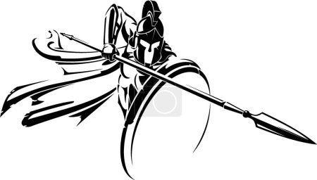Ilustración de Espartano con Lanza Ataque Defensivo vector ilustración con lanza - Imagen libre de derechos