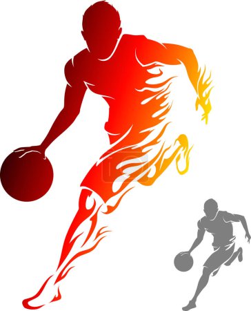 Flammender Basketballspieler, Athlet dribbelt mit Flammenspur