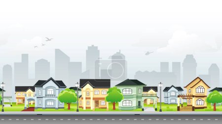 Illustration for Residential Community-Detailed house illustration cartoon style, composition tiled horizontally - Royalty Free Image