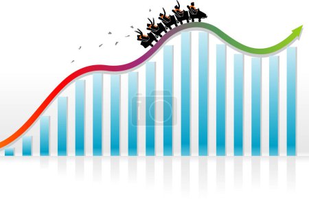 Téléchargez les illustrations : Roller Coaster Economy-Business ou Finance illustration conceptuelle d'une équipe d'affaires qui roule vers la croissance - en licence libre de droit