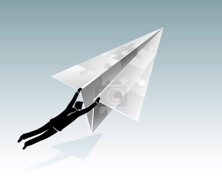 Soaring Business Solution-Gliding upward businessman on a jig saw paper plane