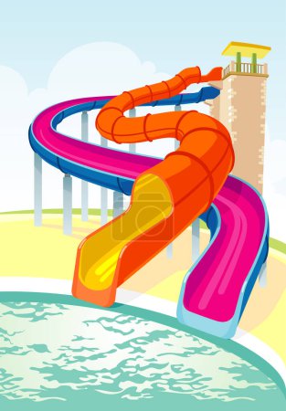 Illustration for Water Slides Adventure-Intertwined long pool slide and serpent slide summer theme - Royalty Free Image