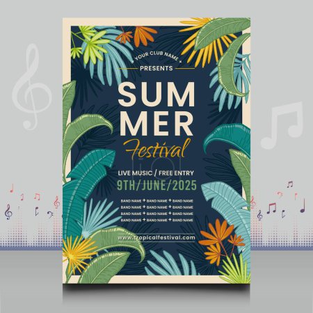 Illustration for Summer tropical festival flyer in creative style with decoration leaves shape design - Royalty Free Image