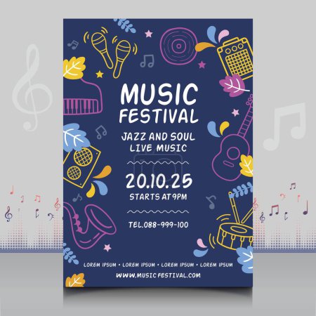 Ilustración de Cartel elegante del festival de música dibujado a mano en estilo creativo con diseño de forma moderna - Imagen libre de derechos