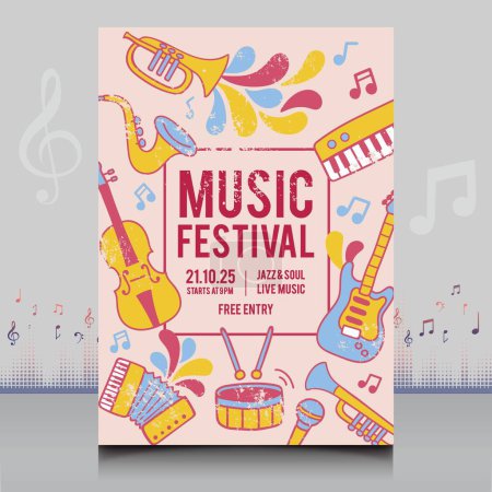 Téléchargez les illustrations : Élégante affiche de festival de musique dessinée à la main dans un style créatif avec un design de forme moderne - en licence libre de droit