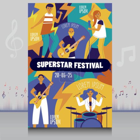 Téléchargez les illustrations : Élégante affiche de festival de musique dessinée à la main dans un style créatif avec un design de forme moderne - en licence libre de droit