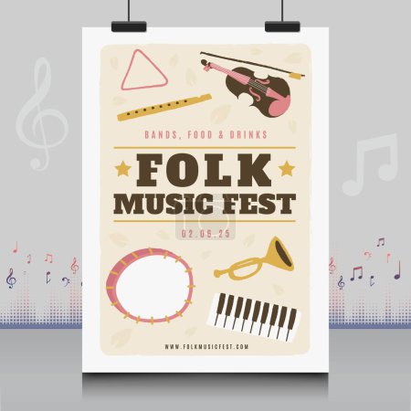 Ilustración de Cartel elegante del festival de música folclórica dibujado a mano en estilo creativo con diseño de forma moderna - Imagen libre de derechos