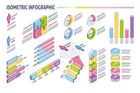 Téléchargez les illustrations : Modèle d'entreprise d'outils d'infographie ISOMETRIC, peut être utilisé pour la présentation, le Web ou la mise en page de diagramme de flux de travail - en licence libre de droit