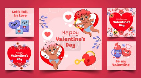 Téléchargez les illustrations : Plat valentine s day instagram posts collection design vectoriel illustration - en licence libre de droit