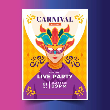 Téléchargez les illustrations : Plat venise carnaval vertical affiche modèle dessin vectoriel illustration - en licence libre de droit