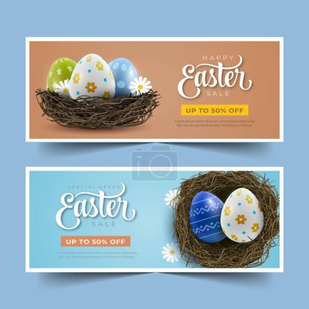 Téléchargez les illustrations : Illustration vectorielle réaliste de conception de bannières de vente de Pâques - en licence libre de droit