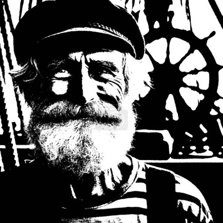 portrait of a man in black and white contrast style. The man looks elderly, has a beard and mustache, and wears a nautical hat, which may indicate his connection to the sea or a maritime profession