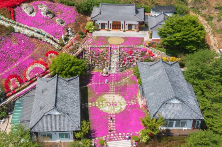 musgo rosa paisaje del templo daemyeong en Corea, Sancheong