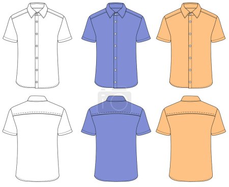 Short sleeved men resort shirt flat technical drawing vector illustration mockup template design